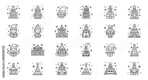 Collection of christmas themed buildings and characters in line art style