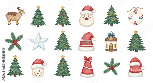 Illustration of christmas themed objects including trees and santa hats