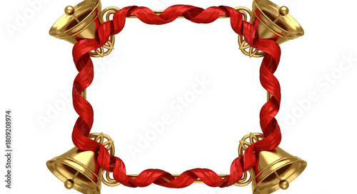 Elegant frame adorned with golden bells and flowing red ribbon design art