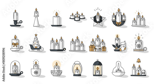 Collection of christmas candles in various holders and decorations set