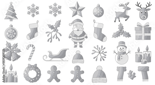 Illustration of christmas themed icons including santa and reindeer etc