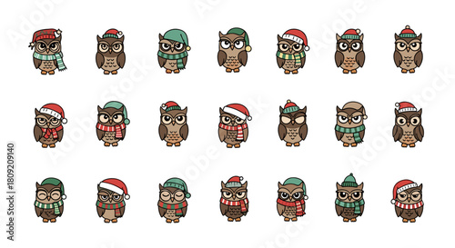 Collection of cartoon owls wearing winter hats and scarves in rows set