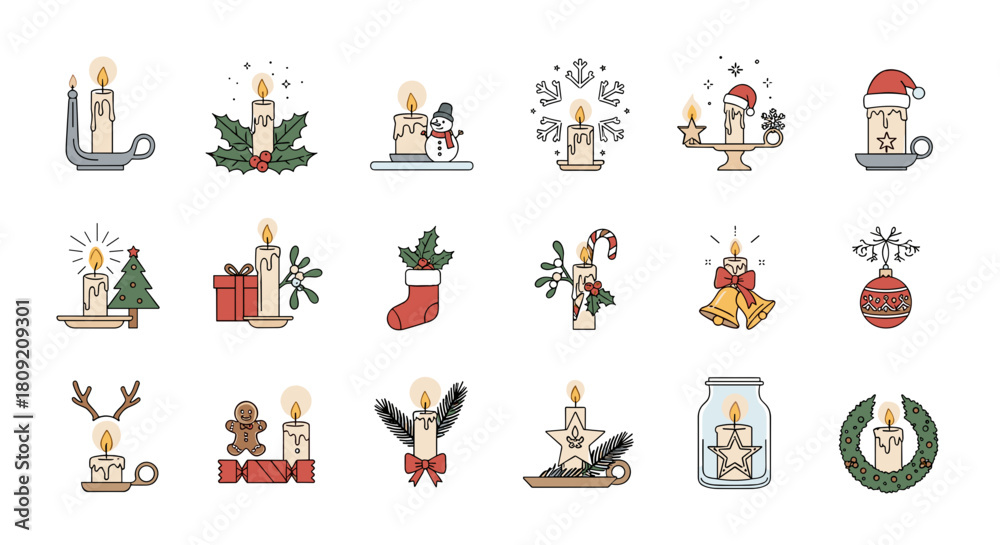 Naklejka premium Collection of christmas candles with festive decorations and ornaments