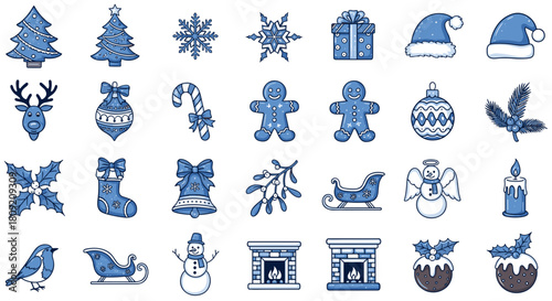 Collection of festive christmas themed icons in blue and white colors