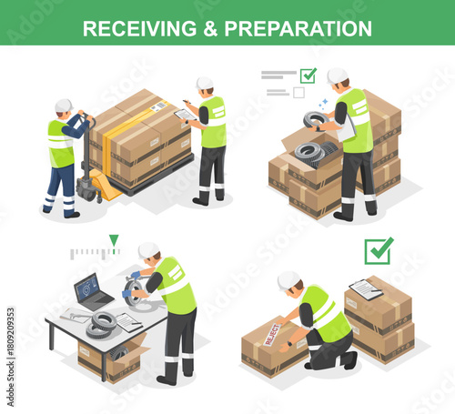 isometric Industrial ISO quality workflow showing warehouse workers inspecting incoming materials and documenting receiving processes to ensure reliable preparation standards