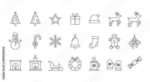 Illustration of christmas themed line art icons on a white background