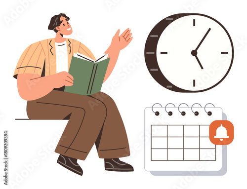 Young man studying a book, large clock symbolizing time awareness, and calendar with reminder icon. Ideal for learning, scheduling, productivity, time tracking, organization, self-improvement