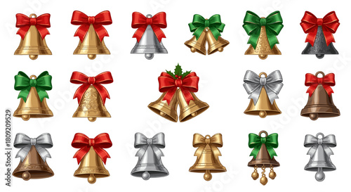 Collection of christmas bells with bows in various colors and styles