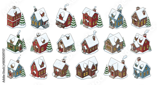 Isometric view of an assortment of snow covered houses with christmas trees