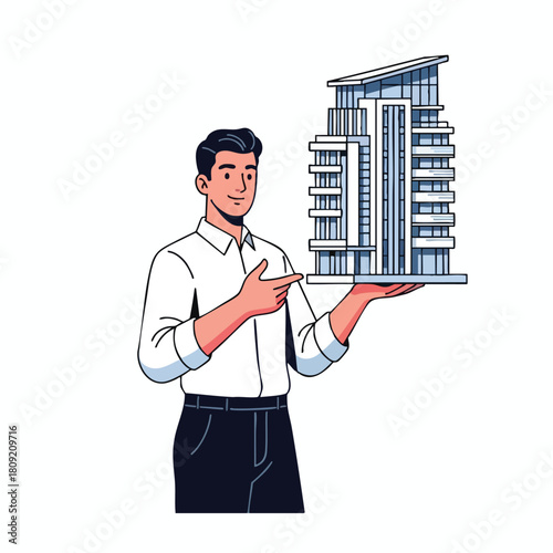 Businessman presenting a modern apartment building model