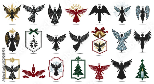 Illustrations of various angels christmas trees and holiday decorations