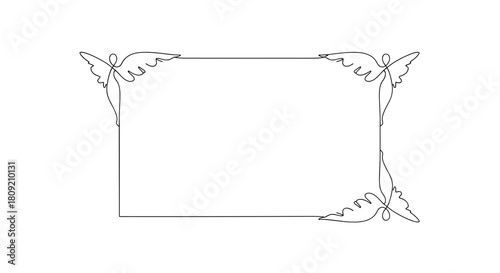 Square frame decorated with continuous line art of angels in each corner