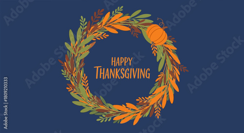 Happy Thanksgiving Wreath on Dark Blue Background
