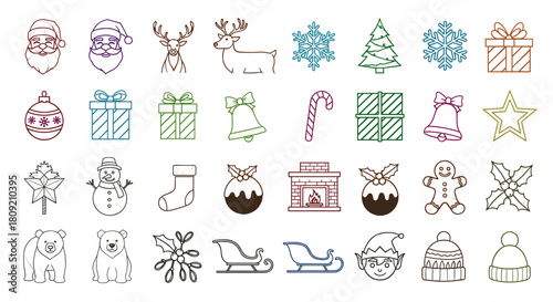 Collection of christmas themed line art icons including santa and reindeer