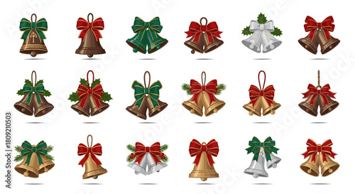 Collection of christmas bells with bows in various colors and styles