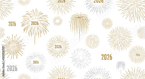 A festive pattern of fireworks and the year 2026 on a white background
