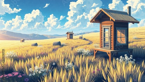 A small house in the middle of a grassy field