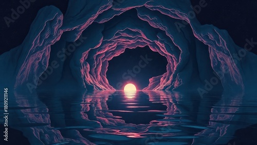 A cave with a sunset in the middle of the water