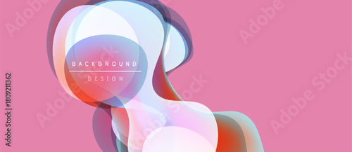 Abstract shapes overlap, creating vibrant color gradients. Pink background complements translucent forms, modern design element.