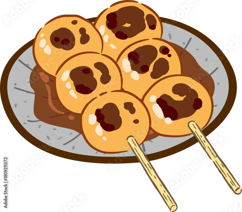 Mitarashi dango Japanese grilled mochi skewer illustration