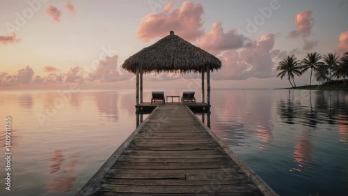 Tranquil Sunrise over Tropical Pier with Thatched Gazebo for Relaxation and Inspiration