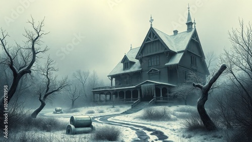 A large house in the middle of a snowy field