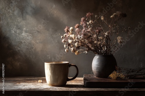 A moody still life featuring a ceramic mug and a vase of dried flowers on a rustic wooden table, bathed in dramatic sunlight.