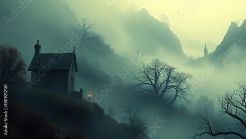 A small house in the middle of a foggy mountain landscape