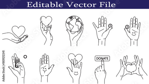 Charity and Donation Vector Illustration with Hands Holding Hearts Coins and the Earth Symbolizing Giving and Support Editable Vector File
