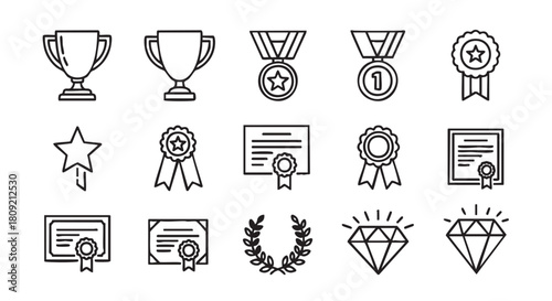 Line art illustration of achievements trophies awards and certificates design