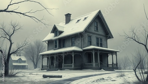 A large house in the middle of a snowy field
