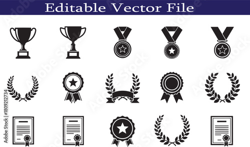 Collection of achievement related icons showing awards and recognition in vector format for design and creative projects relating to success and victory