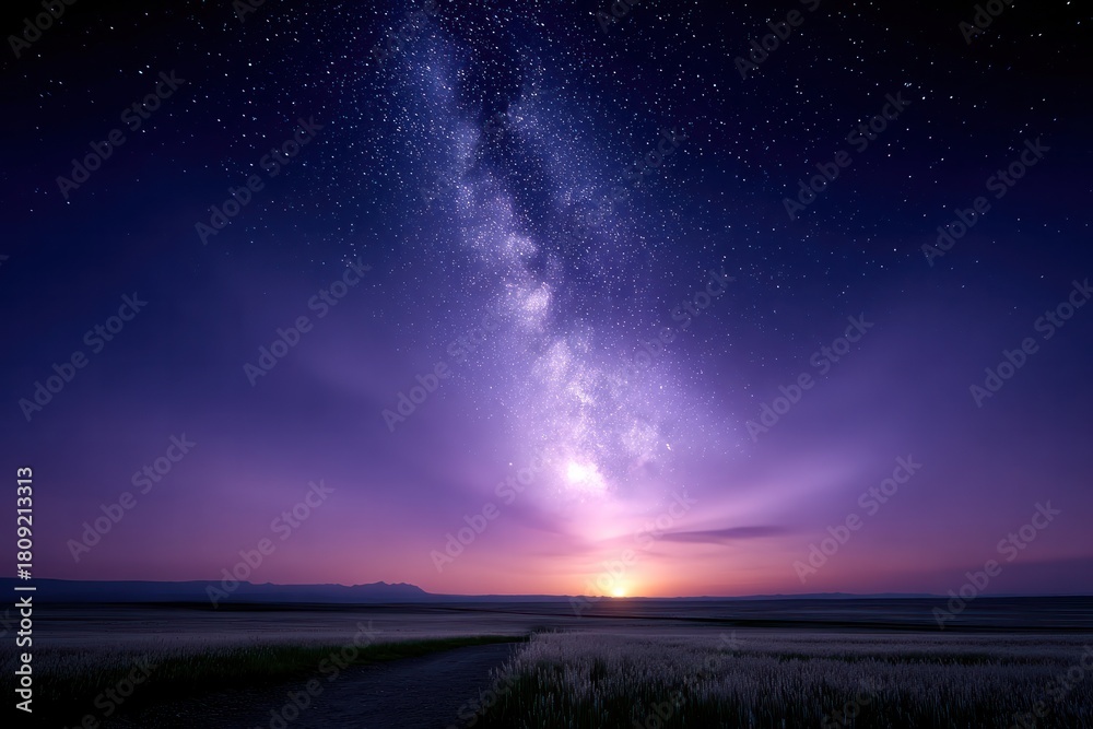 Fototapeta premium Celestial Canvas: Witness the mesmerizing Milky Way arc across a starlit canvas, as twilight gently touches the landscape, painting the scene in hues of purple and gold. 