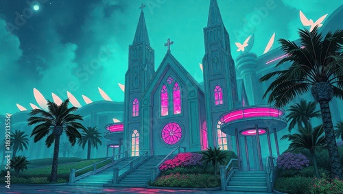 A church in the middle of a tropical area at night