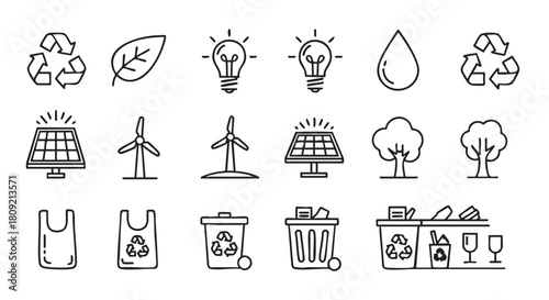 Line art vector icons of environmental sustainability and eco awareness theme