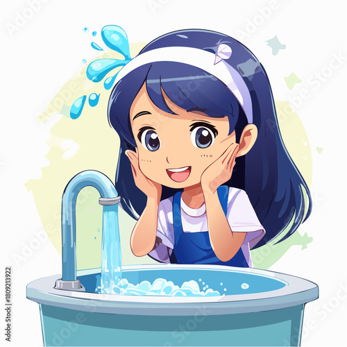 Cheerful anime-style girl happily washing her face at a bathroom sink with splashing water, illustrating a healthy morning routine