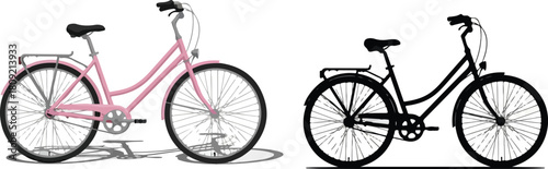 Two bicycles one pink and one black side by side on a white background ready for a ride.