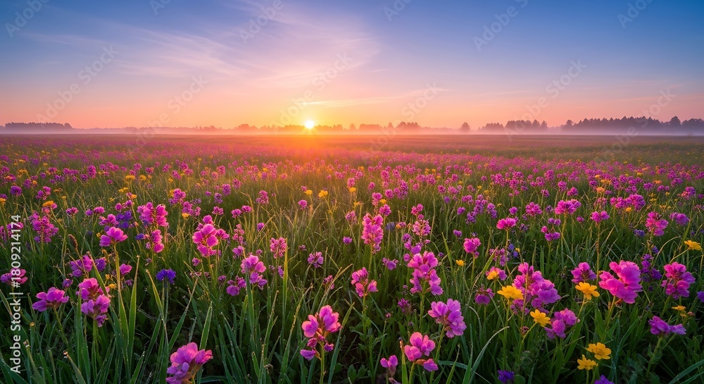 Obraz premium Sunrise over a field of wildflowers, with mist in the distance