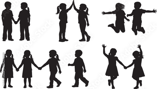 Happy childhood friends playing together, children silhouettes holding hands, jumping, and high-, friendship, partnership, and positive energy on a white background.Happy childhood friends playing 