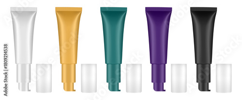 Set of cosmetic tubes with pump and transparent cap. White, gold, green, purple and black bottles.. Gel, serum or foundation. Korean packaging.