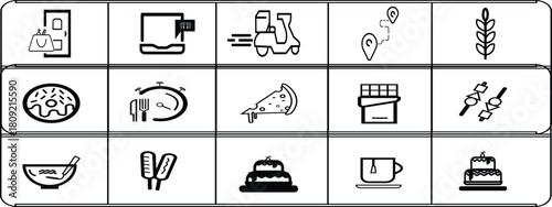 A collection of fifteen bold black and white outline icons representing various culinary themes and services. Includes symbols for food ordering, delivery (scooter), fast meal preparation, location.
