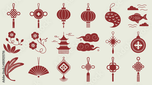 Chinese New Year Symbols and Decorative Icons Set