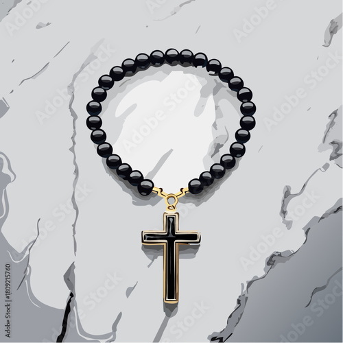 Elegant Rosary with Matte Black Beads and Gold Crucifix on Marble Surface
