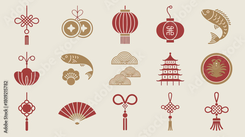 Chinese New Year Symbols and Decorative Icons Set