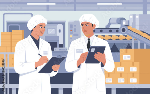 Food Industry Professionals Inspecting Production Line in Factory