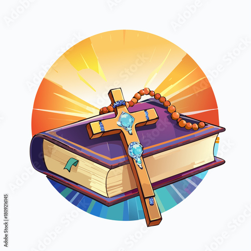 An illustrated wooden cross with blue gems and a rosary resting on a holy Bible, with a radiant light symbolizing faith and hope