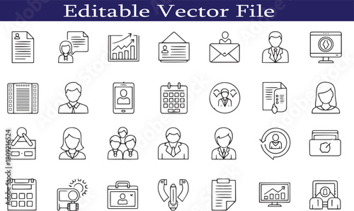 Collection of Business and Office Icons Depicting Human Resources Finance and Teamwork with a Consistent Line Style for Professional Visual Communication and Design