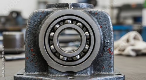 Close up of a metal bearing assembly with visible ball bearings and a gray painted housing unit