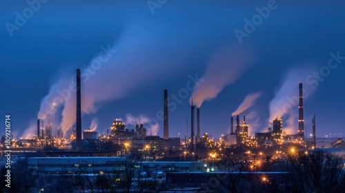 Industrial skyline shrouded in smoke and clouds during blue hour