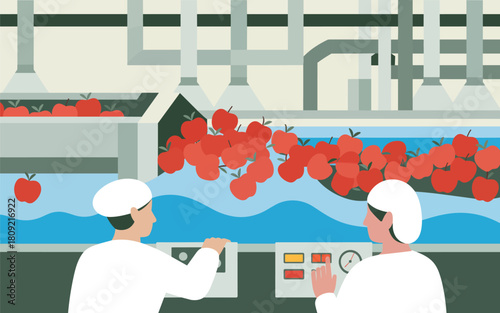 Industrial food processing apples on an automated conveyor belt in a factory